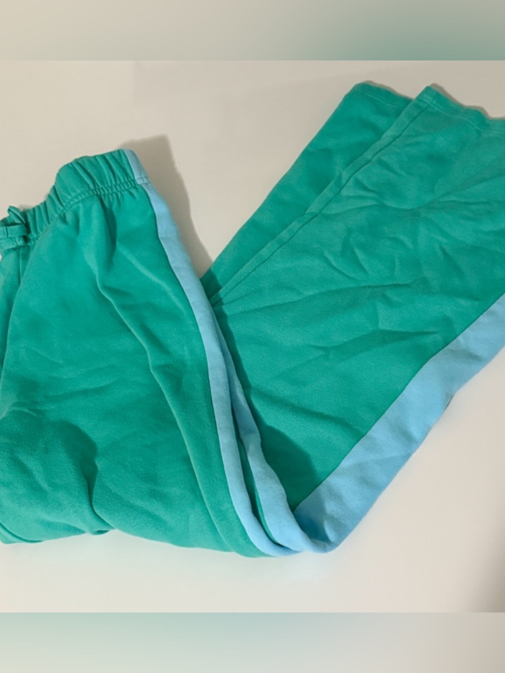 Kids Green Wide Leg Sweat Pants with Light Blue Stripe